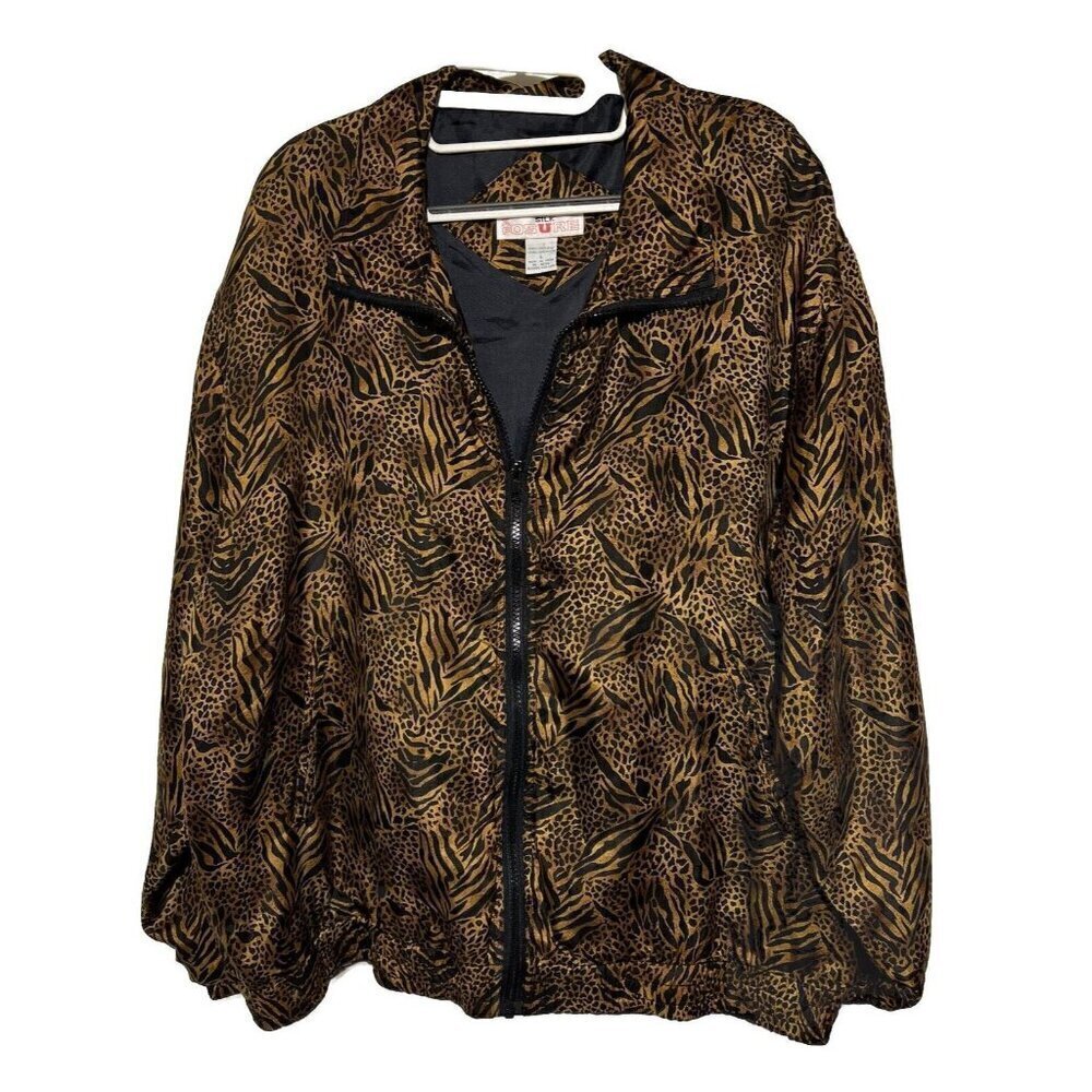VINTAGE 100% Silk Jacket Womens Large 80s Animal Print Tiger Leopard Wild Bomber
